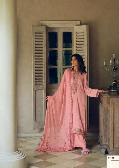Peach Pink Muslin Cotton Designer Suit with Dupatta