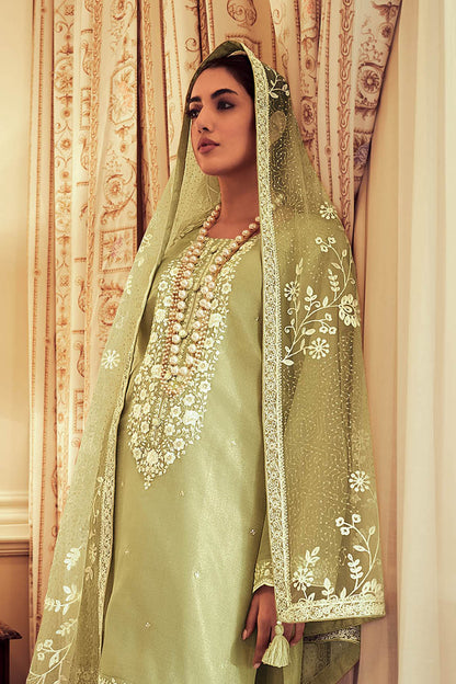 Pastel Green Thread Embroidered Soft Silk Salwar Suit with Dupatta