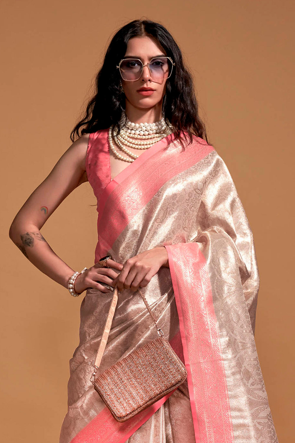 Cream & Peach Pink Kanjeevaram Silk Saree with Contrast Peach Blouse