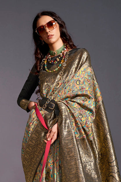 Black Golden & Multi-colored Floral Designs Kashmiri Saree with Black Fancy Blouse