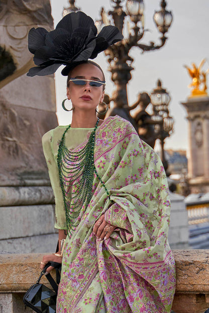 Mint Green Designer Border Kashmiri Silk Saree with Pretty Blouse