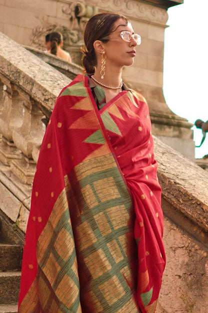 Crimson Red & Olive Green Border Banarasi Silk Saree with Designer Blouse