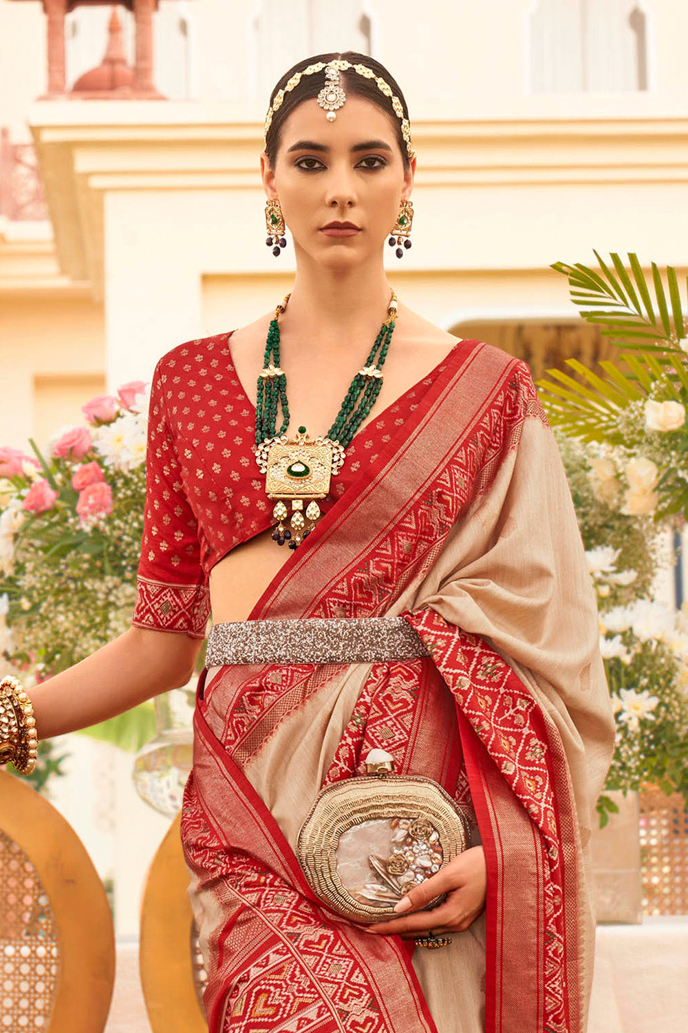 Red & Cream Ikkat Patola Saree with Designer Blouse