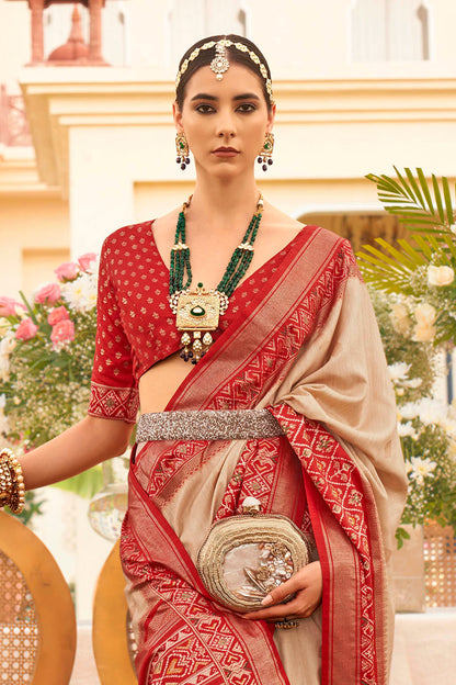 Red & Cream Ikkat Patola Saree with Designer Blouse
