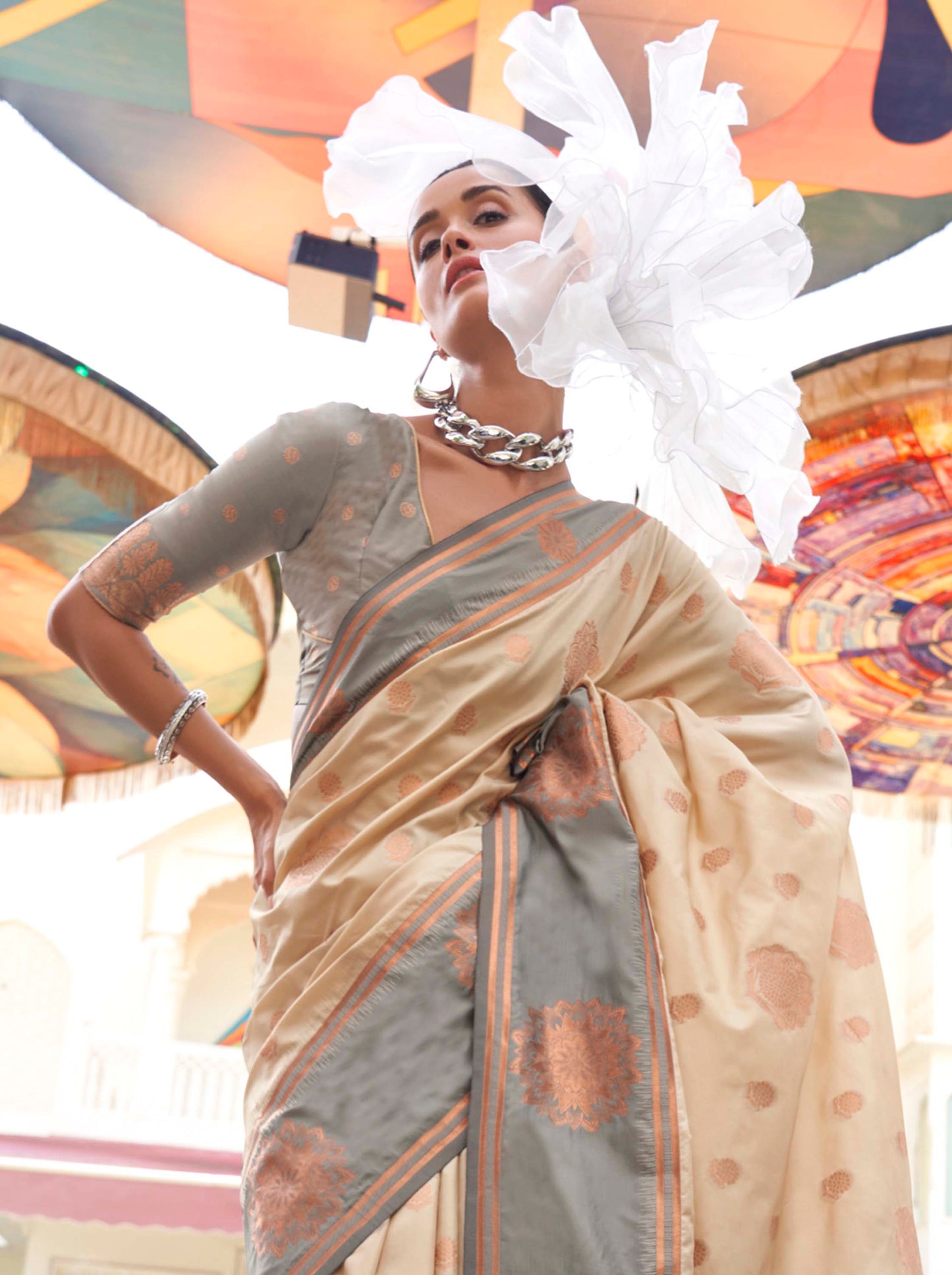 Cream & Golden Border Kanjeevaram Silk Saree with Grey Designer Blouse