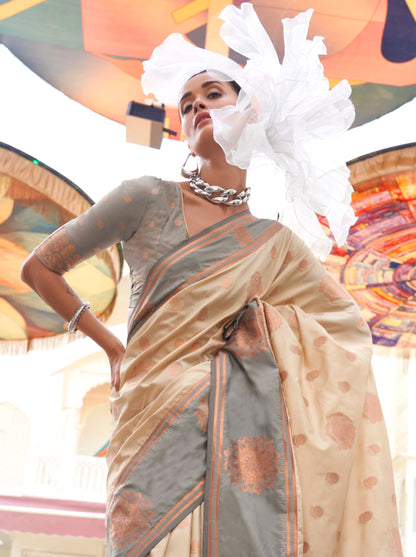 Cream & Golden Border Kanjeevaram Silk Saree with Grey Designer Blouse