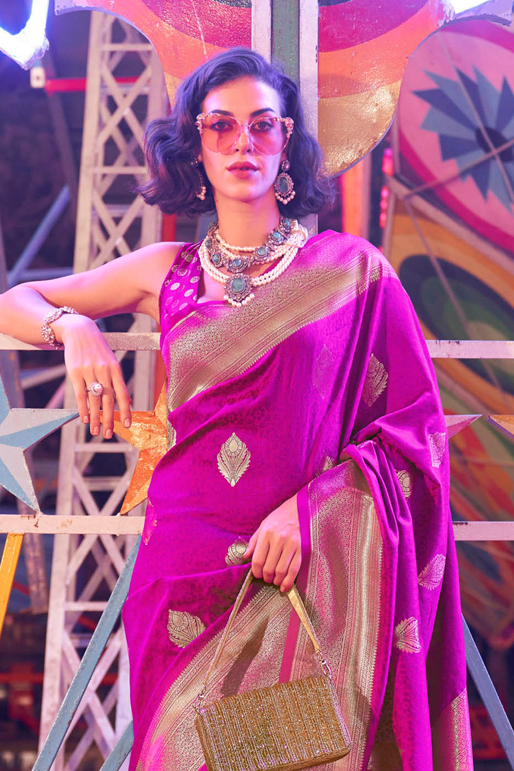 Fandango Purple & Golden Border Banarasi Silk Saree with Contrast Blouse