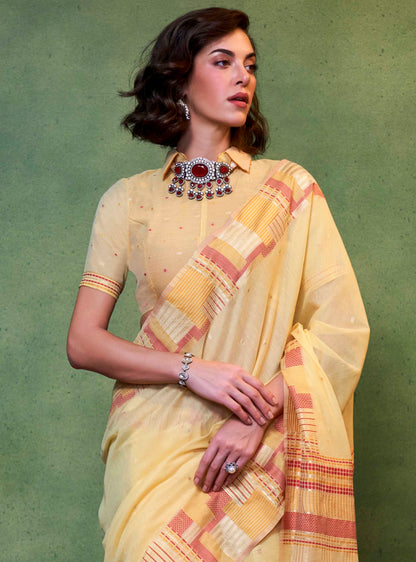 Mellow Yellow Banarasi Silk Saree with Contrast Blouse