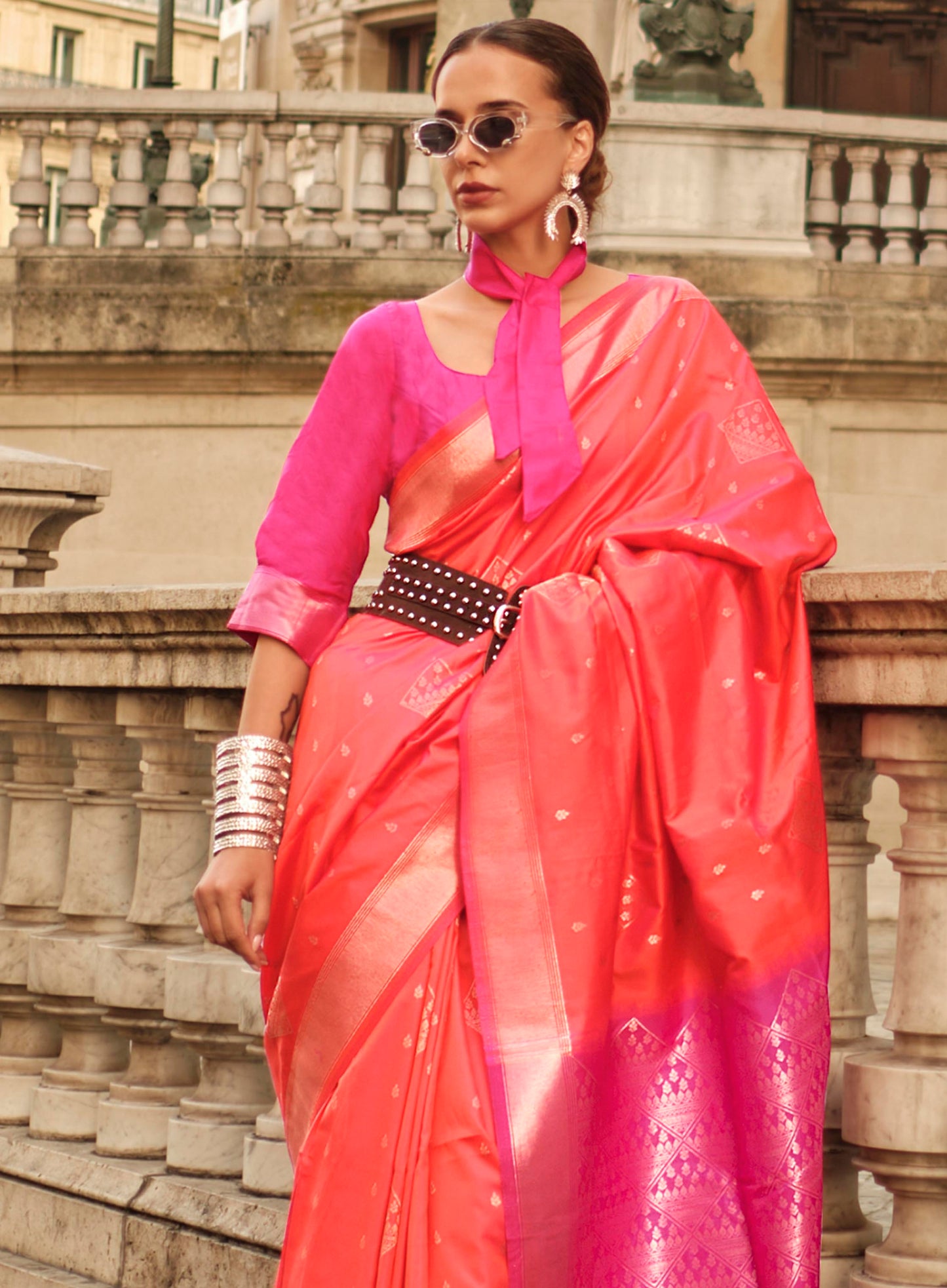 RED & Pink Border Banarasi Silk Saree with Hot Pink Fancy Blouse