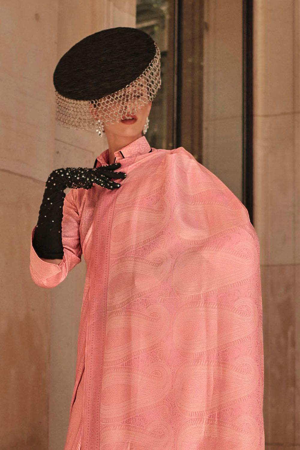 Brick Pink Kanjeevaram Silk Saree with Same Colored Designer Blouse