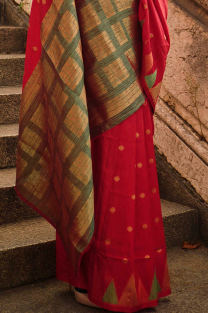 Crimson Red & Olive Green Border Banarasi Silk Saree with Designer Blouse