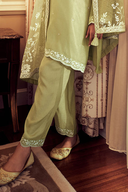 Pastel Green Thread Embroidered Soft Silk Salwar Suit with Dupatta