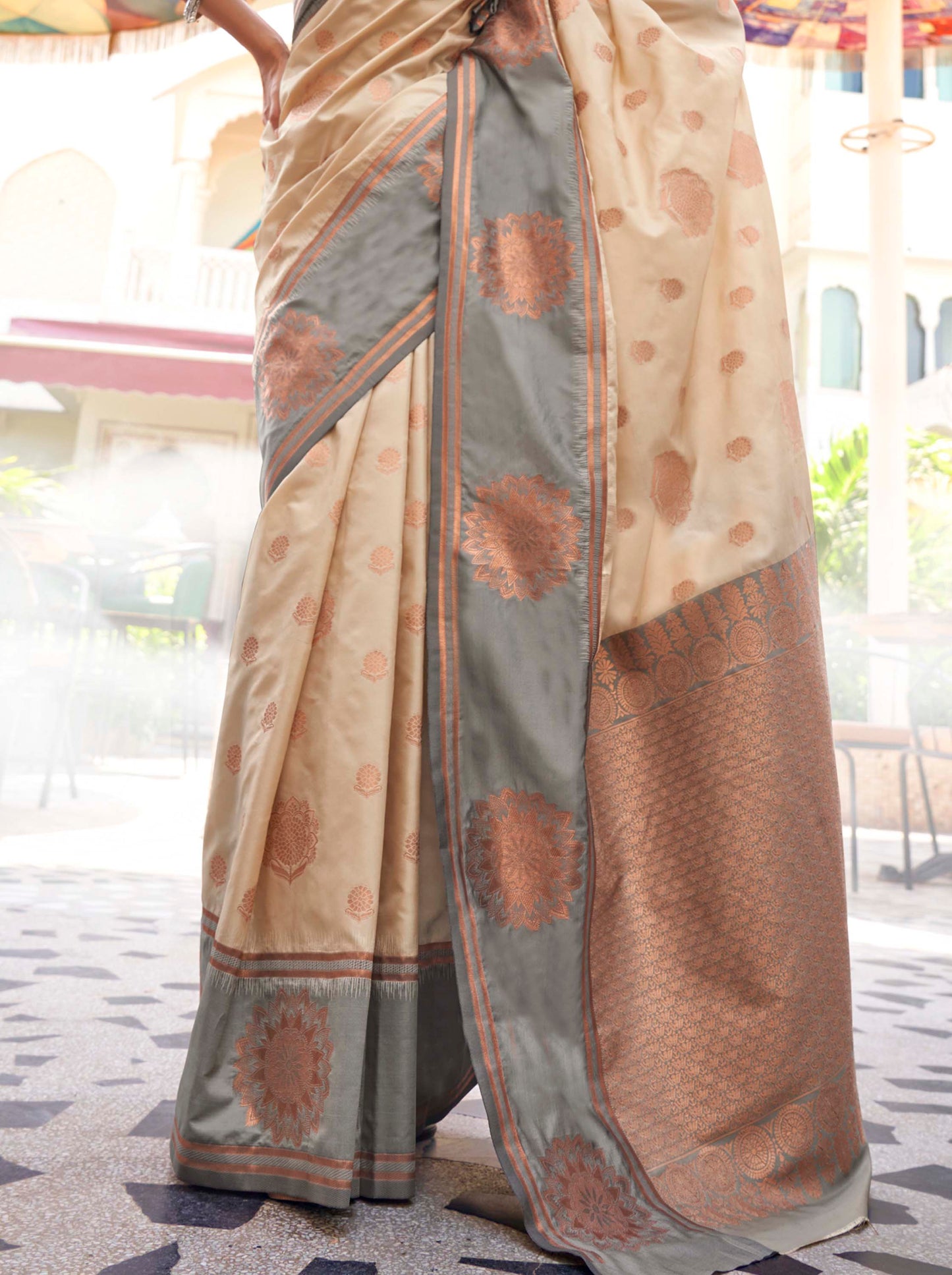 Cream & Golden Border Kanjeevaram Silk Saree with Grey Designer Blouse