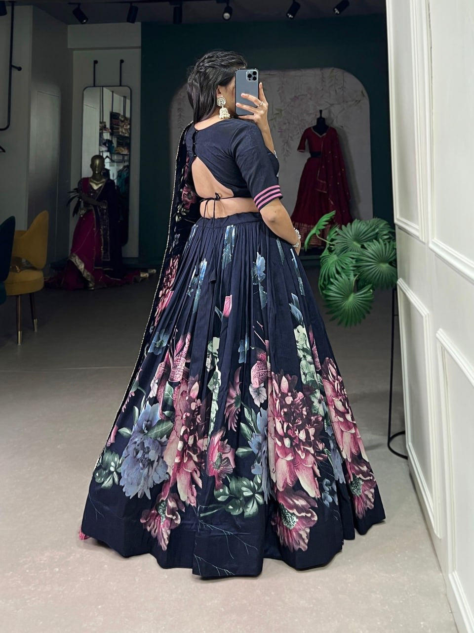 Navy Blue Designer Lehenga Choli with Blouse & Dupatta Having Embellished