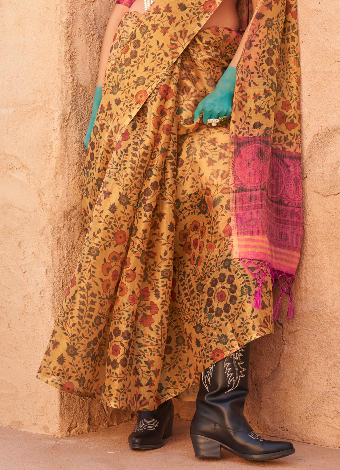 Dijon Yellow Organza Saree with Pink Designer Blouse