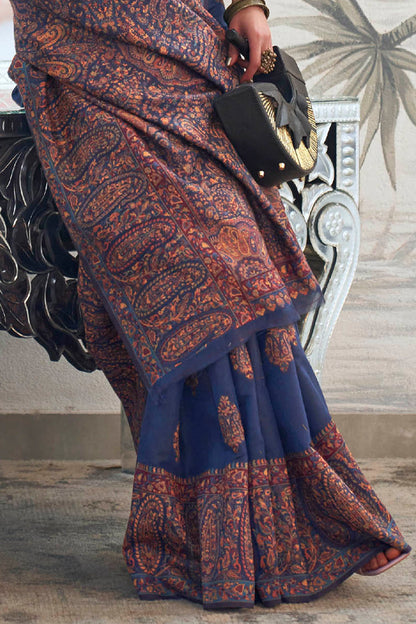 Navy Blue Designer Kashmiri Kani Saree with Same Colored Sleeve Less Blouse