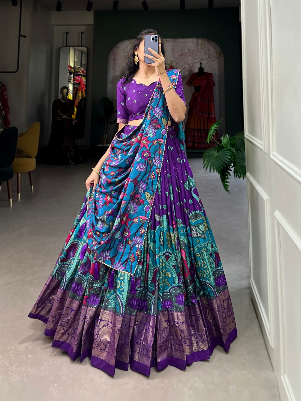 Kalamkari South Indian Style Designer Lehengas with Blouse and Dupatta