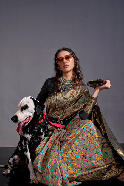 Black Golden & Multi-colored Floral Designs Kashmiri Saree with Black Fancy Blouse