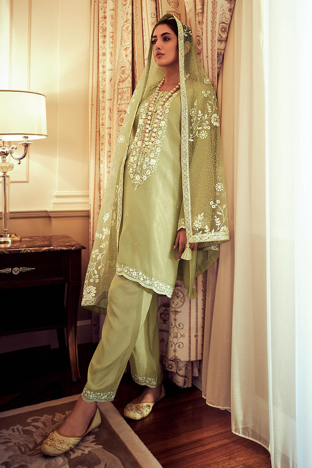Pastel Green Thread Embroidered Soft Silk Salwar Suit with Dupatta