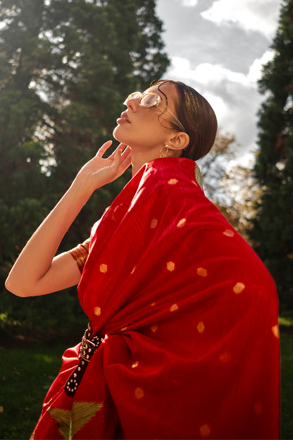 Crimson Red & Olive Green Border Banarasi Silk Saree with Designer Blouse