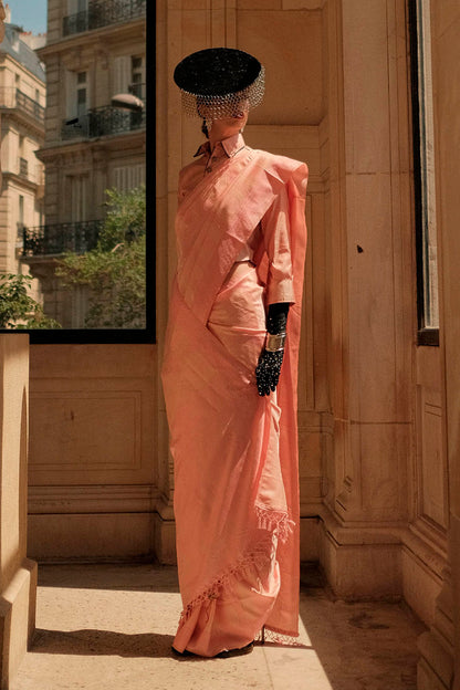 Brick Pink Kanjeevaram Silk Saree with Same Colored Designer Blouse