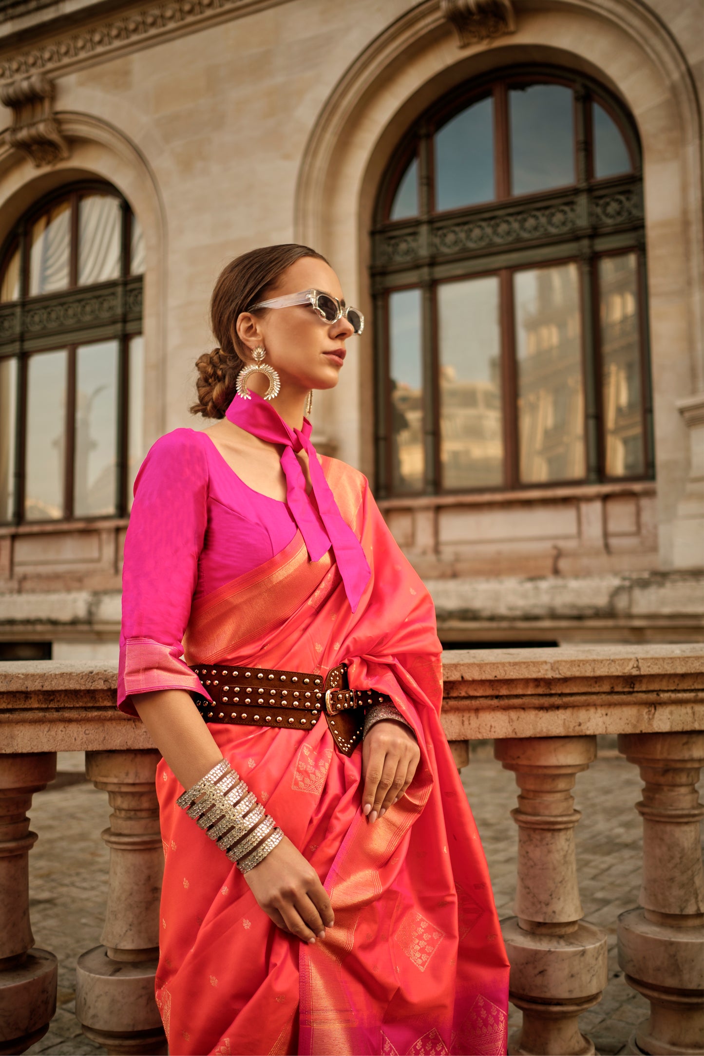 RED & Pink Border Banarasi Silk Saree with Hot Pink Fancy Blouse