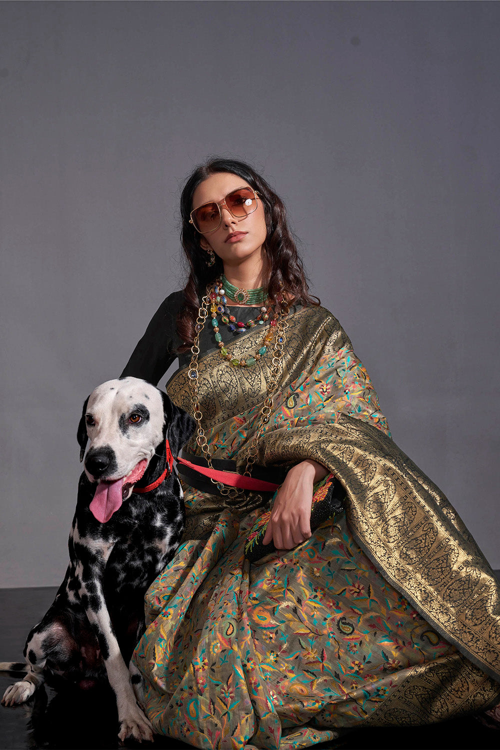 Black Golden & Multi-colored Floral Designs Kashmiri Saree with Black Fancy Blouse