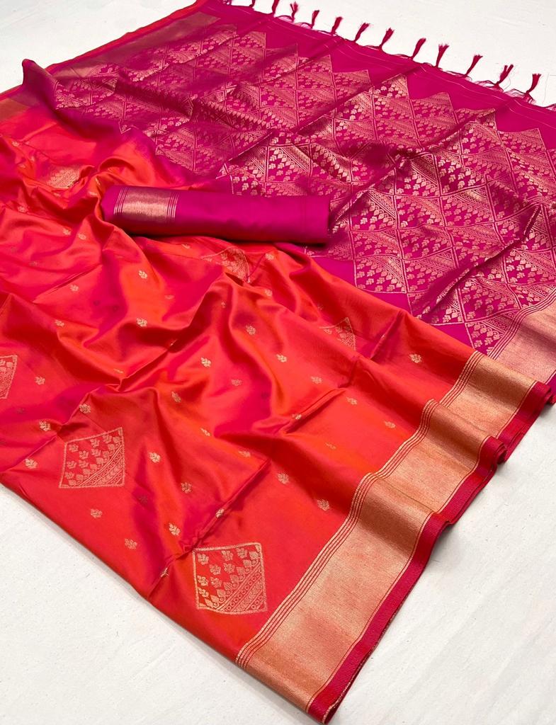 RED & Pink Border Banarasi Silk Saree with Hot Pink Fancy Blouse