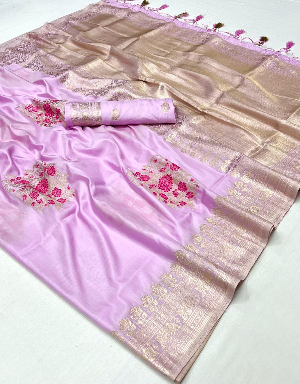 Lavender Purple & Golden Border Banarasi Silk Saree with Designer Blouse