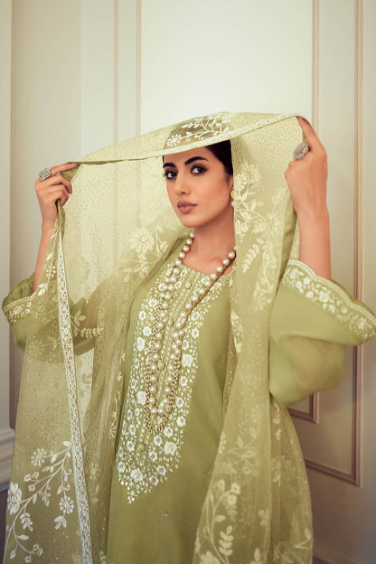 Pastel Green Thread Embroidered Soft Silk Salwar Suit with Dupatta