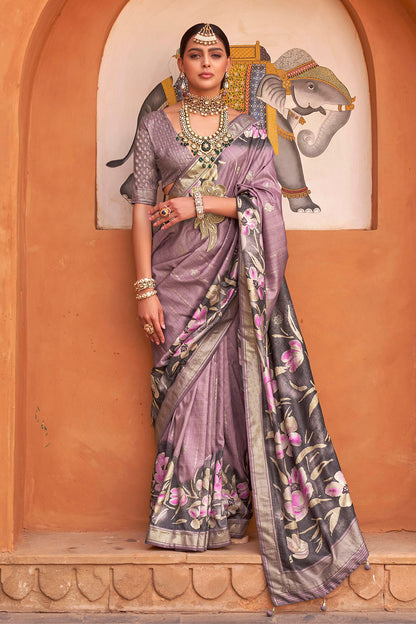 Mulberry Purple Floral Banarasi Silk Saree with Designer Blouse