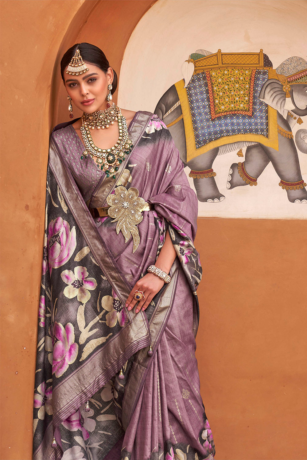 Mulberry Purple Floral Banarasi Silk Saree with Designer Blouse