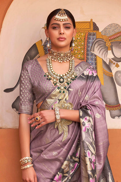 Mulberry Purple Floral Banarasi Silk Saree with Designer Blouse