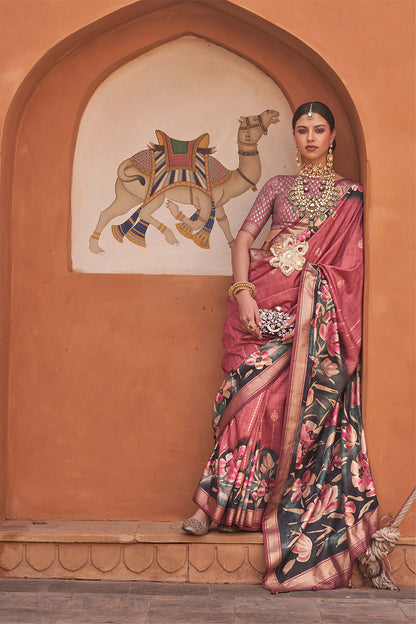 Candy Apple Floral Banarasi Silk Saree with Same Colored Pretty Blouse
