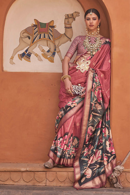 Candy Apple Floral Banarasi Silk Saree with Same Colored Pretty Blouse