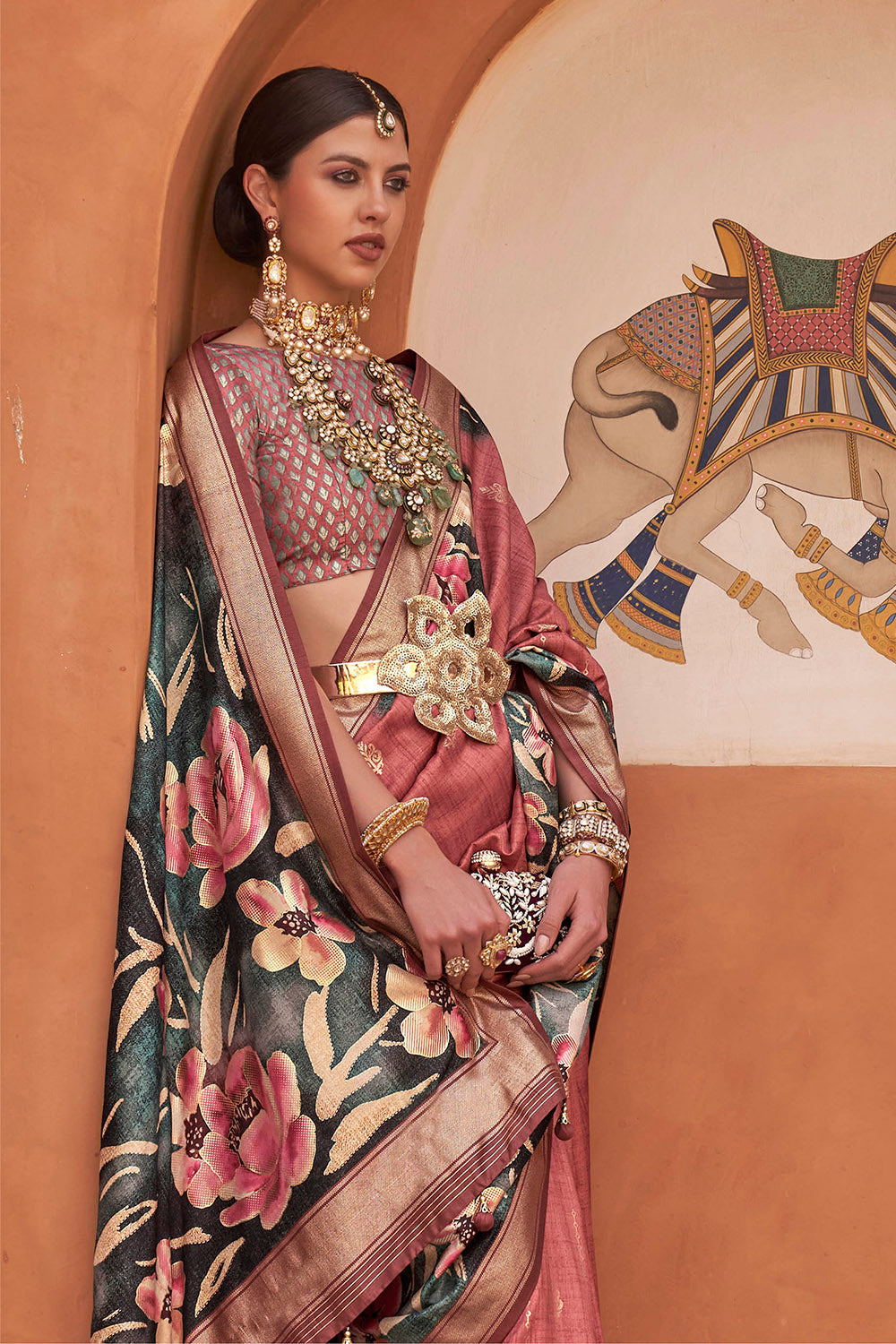 Candy Apple Floral Banarasi Silk Saree with Same Colored Pretty Blouse