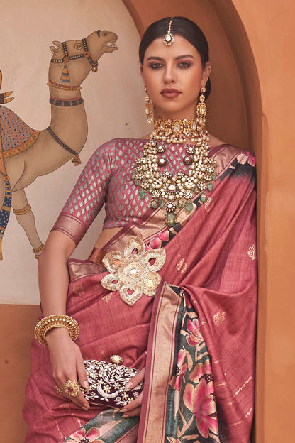 Candy Apple Floral Banarasi Silk Saree with Same Colored Pretty Blouse