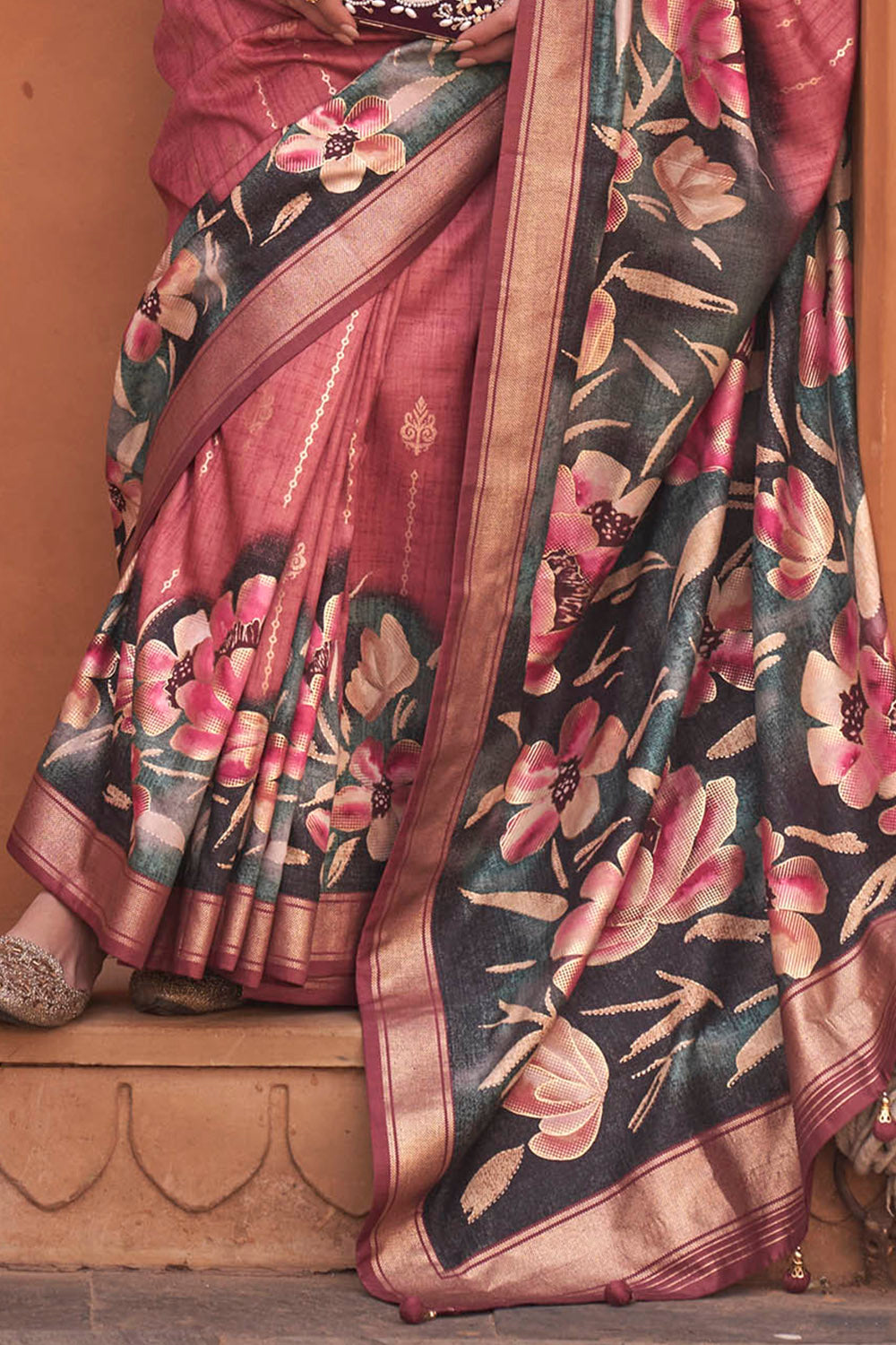 Candy Apple Floral Banarasi Silk Saree with Same Colored Pretty Blouse