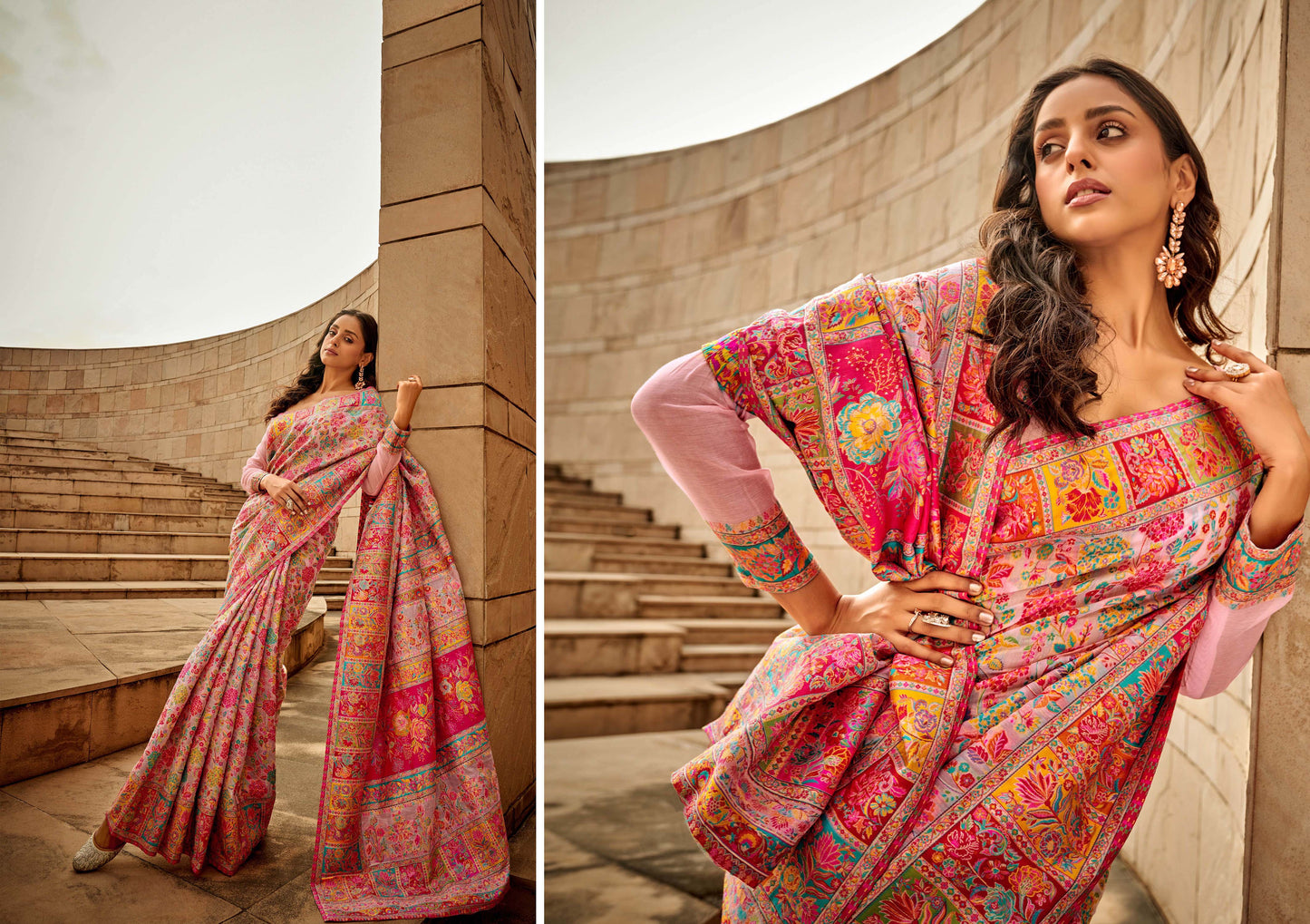 Taffy Pink & Multi-colored Kashmiri Silk Saree with Pink Fancy Blouse
