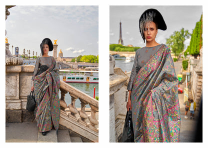 Seal Grey Floral Border Kashmiri Silk Saree with Same Colored Blouse