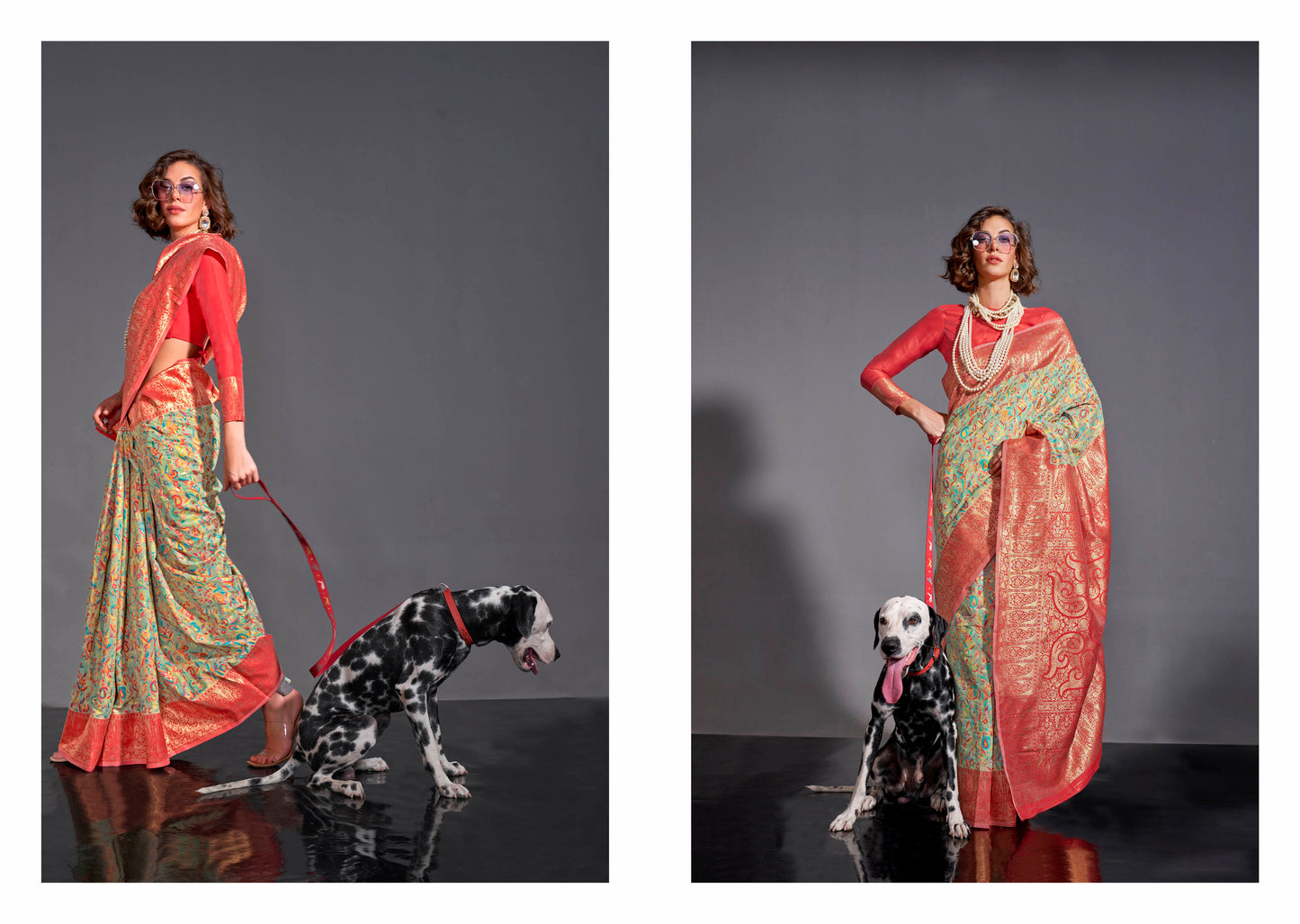 Sage Green Kashmiri Silk Saree with Hot Pink Pretty Blouse