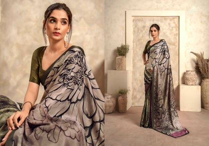Mink Grey Printed Saree with Army Green Fancy Blouse