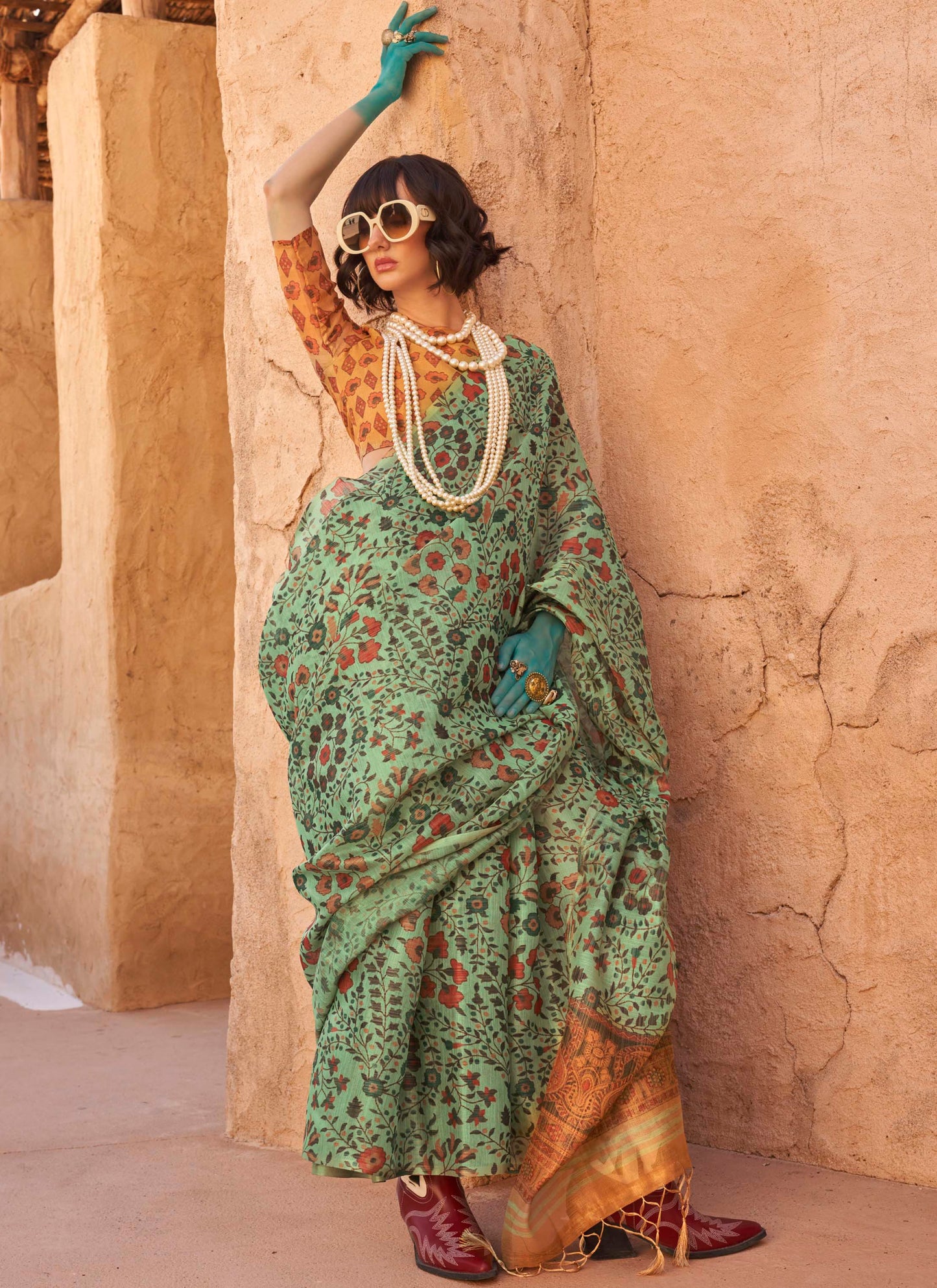 Jade Green Floral Organza Saree with Yellow Pretty Blouse