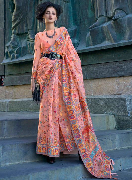 Cream Peach Kashmiri Kani Silk Saree with Pretty Same Coloed Blouse