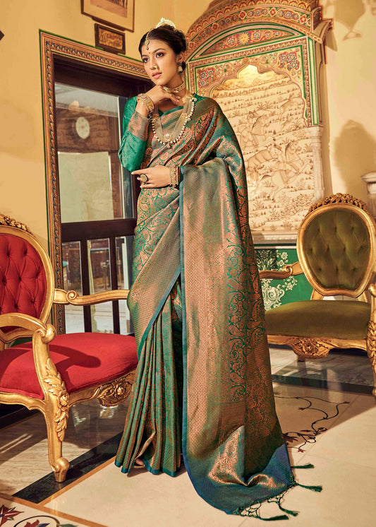 Sea Green & Golden Shade Kanjeevaram Silk Saree with Green Designer Blouse