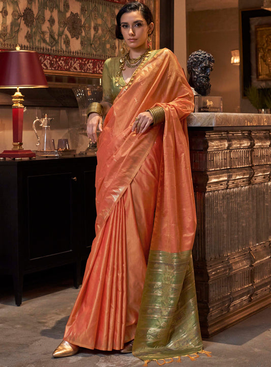 Orange & Olive Green Tussar Silk Saree with Olive Green Pretty Blouse