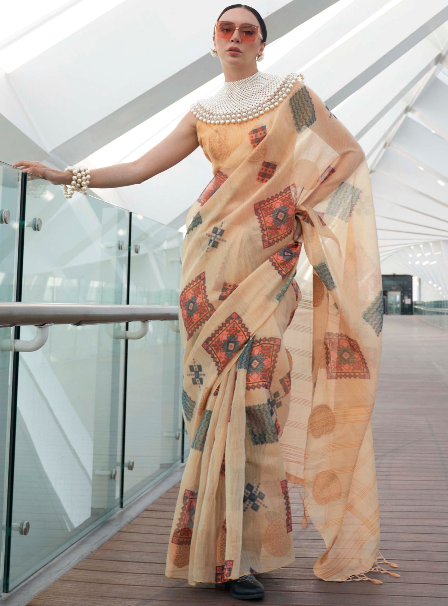 Cream & Golden Tissue Silk Saree with Contrast Same Colored Blouse