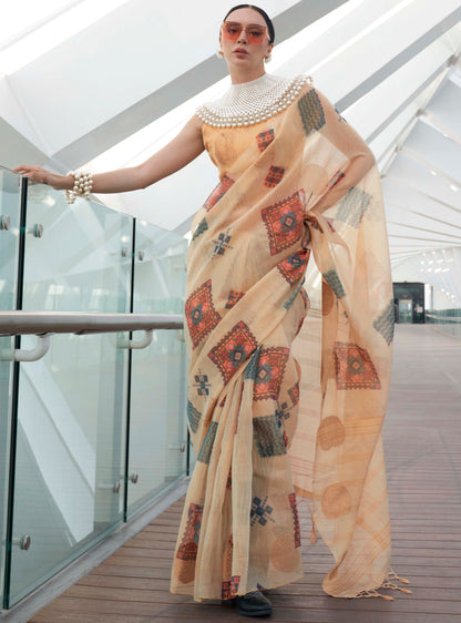 Cream & Golden Tissue Silk Saree with Contrast Same Colored Blouse