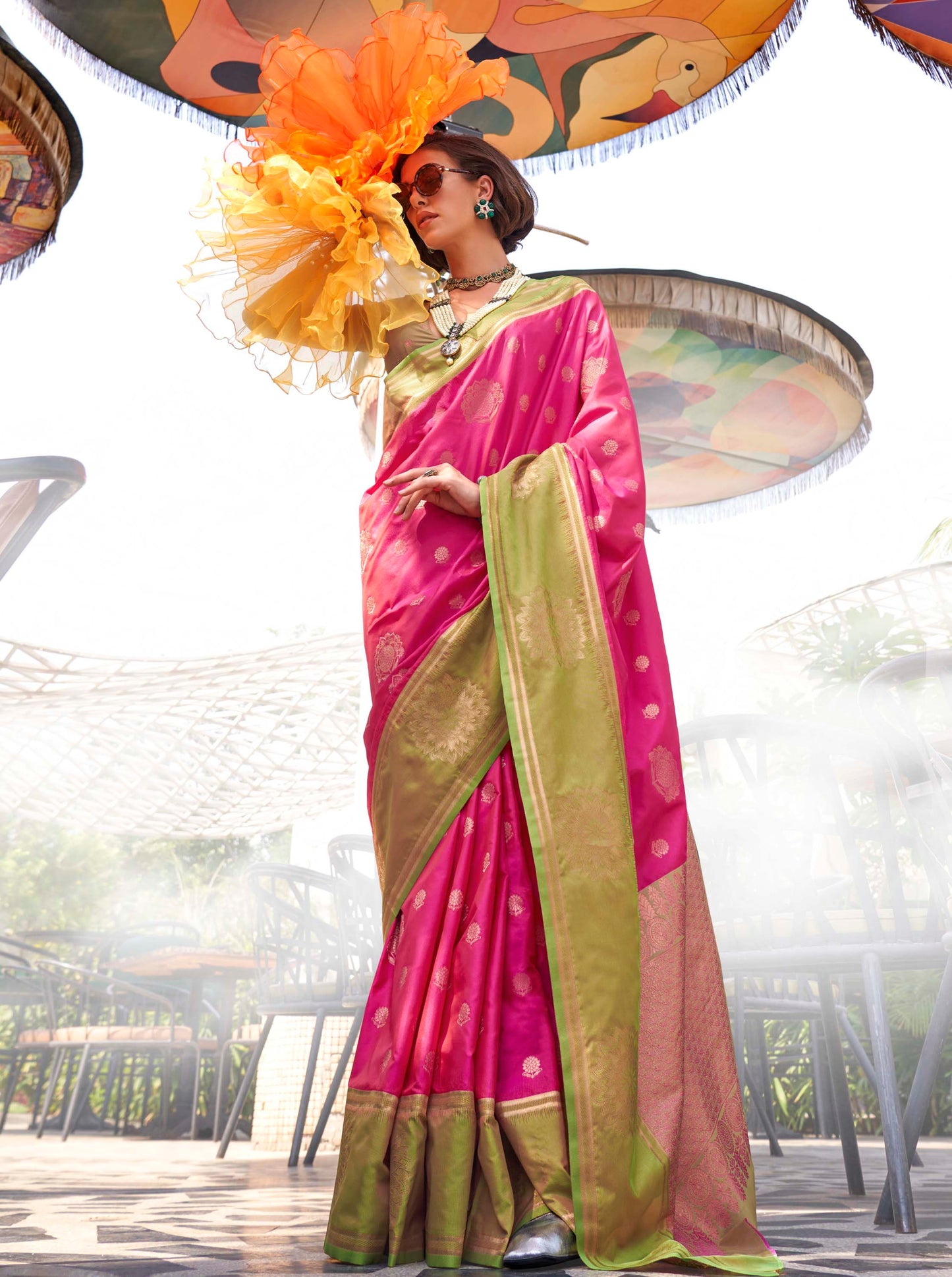 Magenta Pink & Moss Green Kanjeevaram Silk Saree with Designer Blouse
