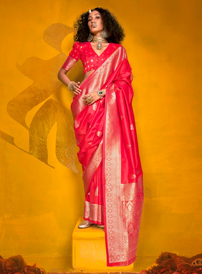 Imperial Pink & Golden Border Banarasi Silk Saree with Designer Blouse